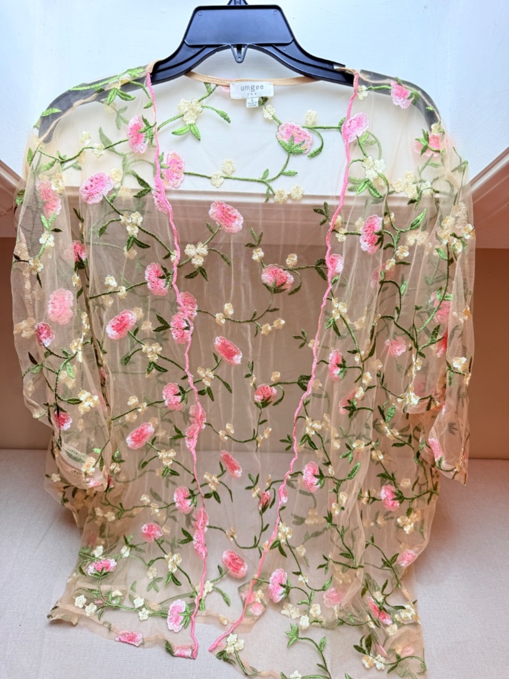 Umgee Floral Embroidered Boho Style Sheer Mesh Kimono Size L - Picture 7 of 10
